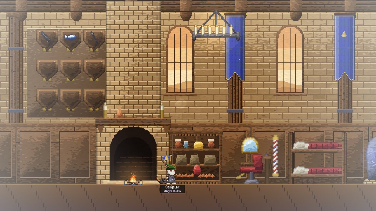 A guild hall with oak panelling, a trophy wall, a great hearth and blue banners