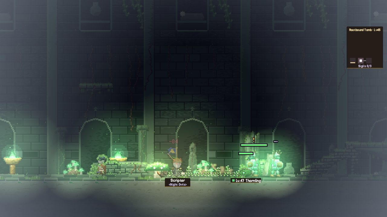 A hall of the Rootbound Tomb lit by glowcaps, with carved stairs and a springcap
